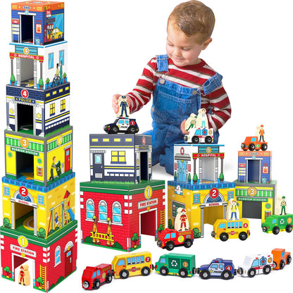 Atoylink Toddler Sorting and Stacking Toys with Magnetic Wooden Cars & Community Helpers, Baby
