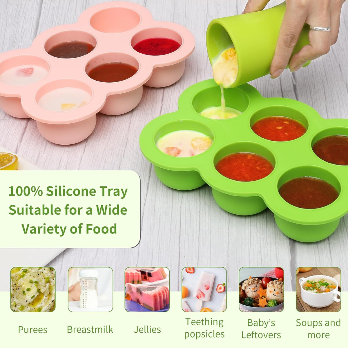 Baby Silicone Freezer Tray with Clip on Lid, 6 x 3 OZ Baby Silicone Freezer Molds, Silicone Storage