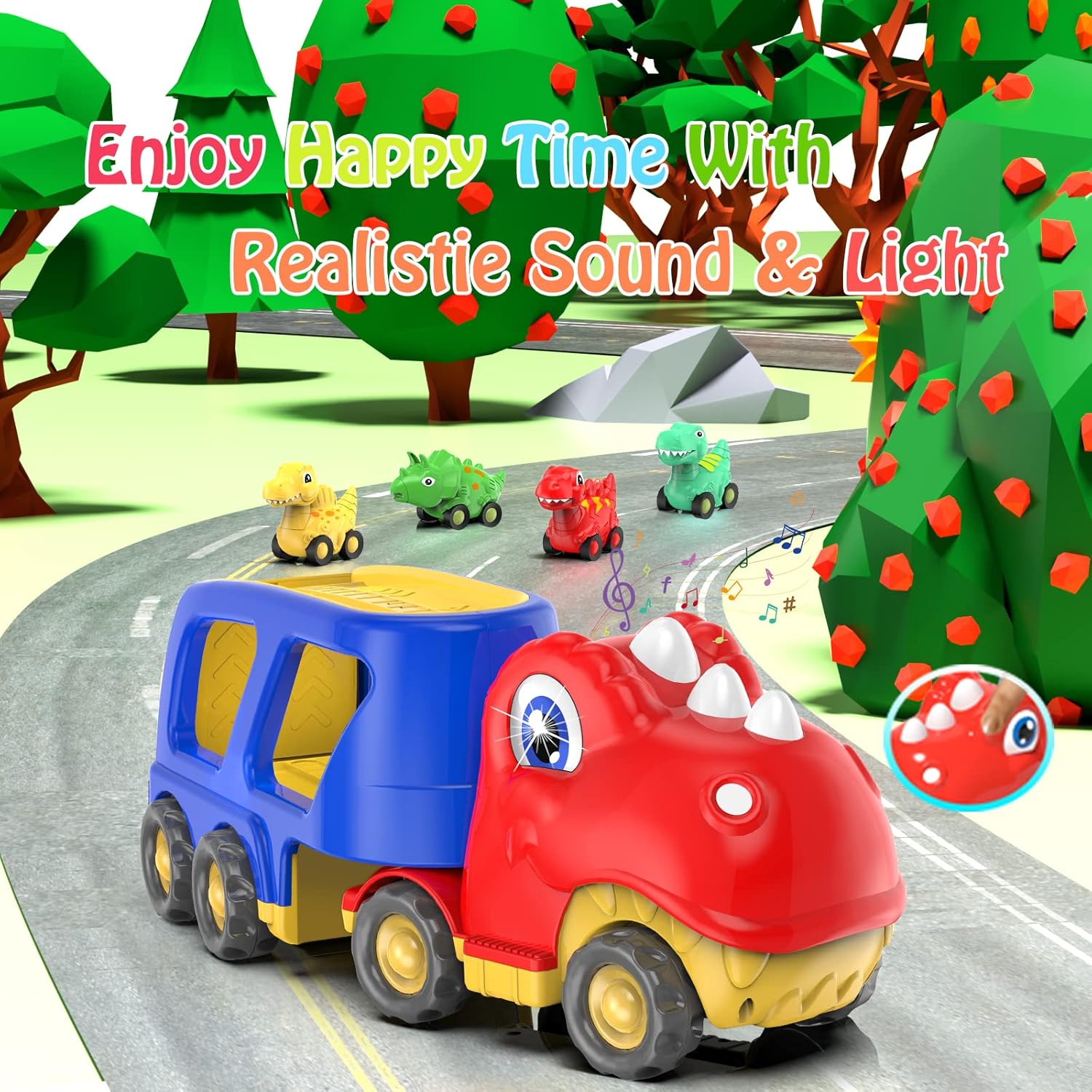 Toddler Car Toy for 2 3 4 5 Years Old, Dinosaur Transport Carrier Truck with 4 Pack Small Pull Back