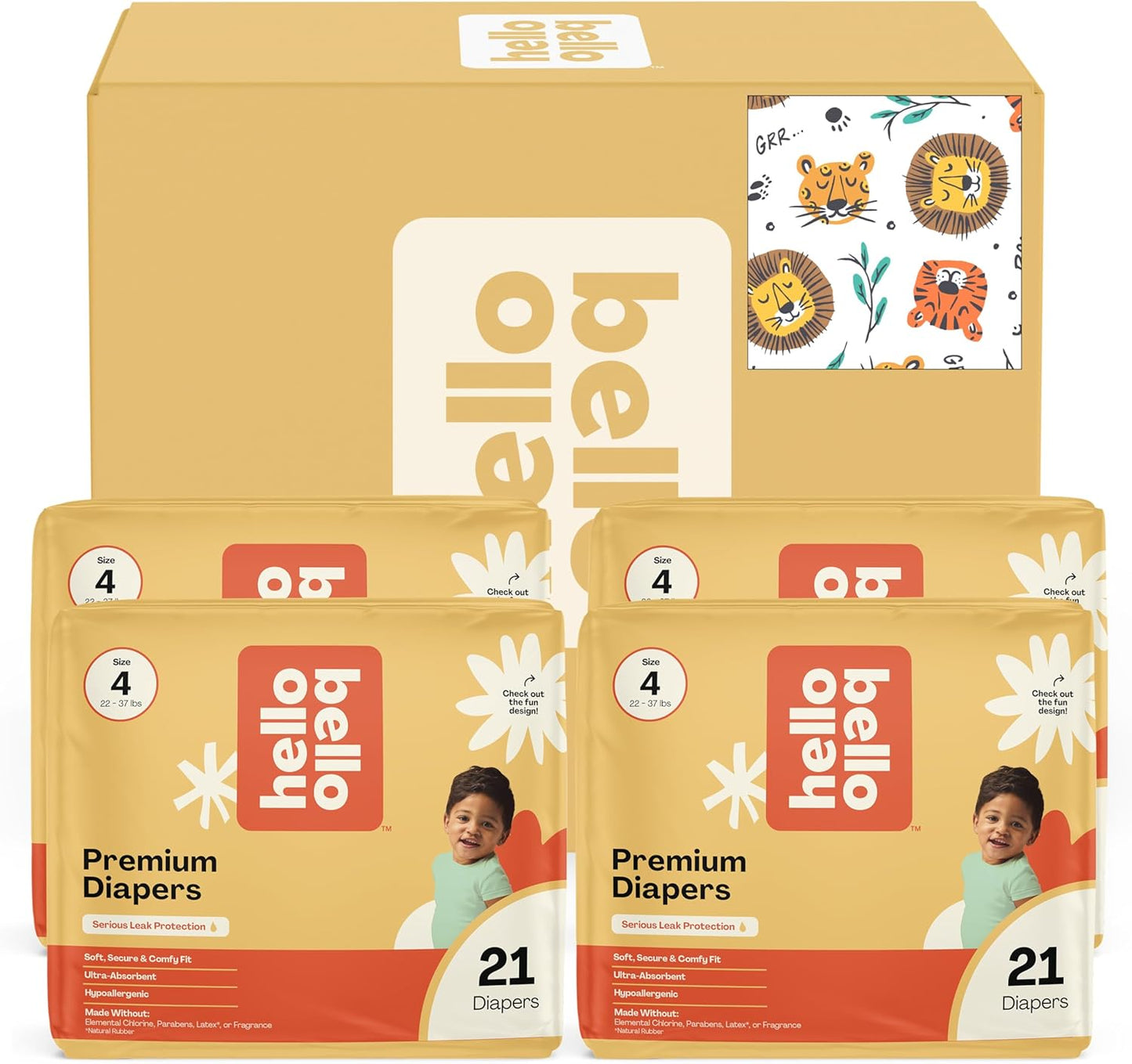 Hello Bello Diapers, Size 4 (22-37 lbs) Wild Cats, 84 Count Value Pack of Premium Disposable Baby