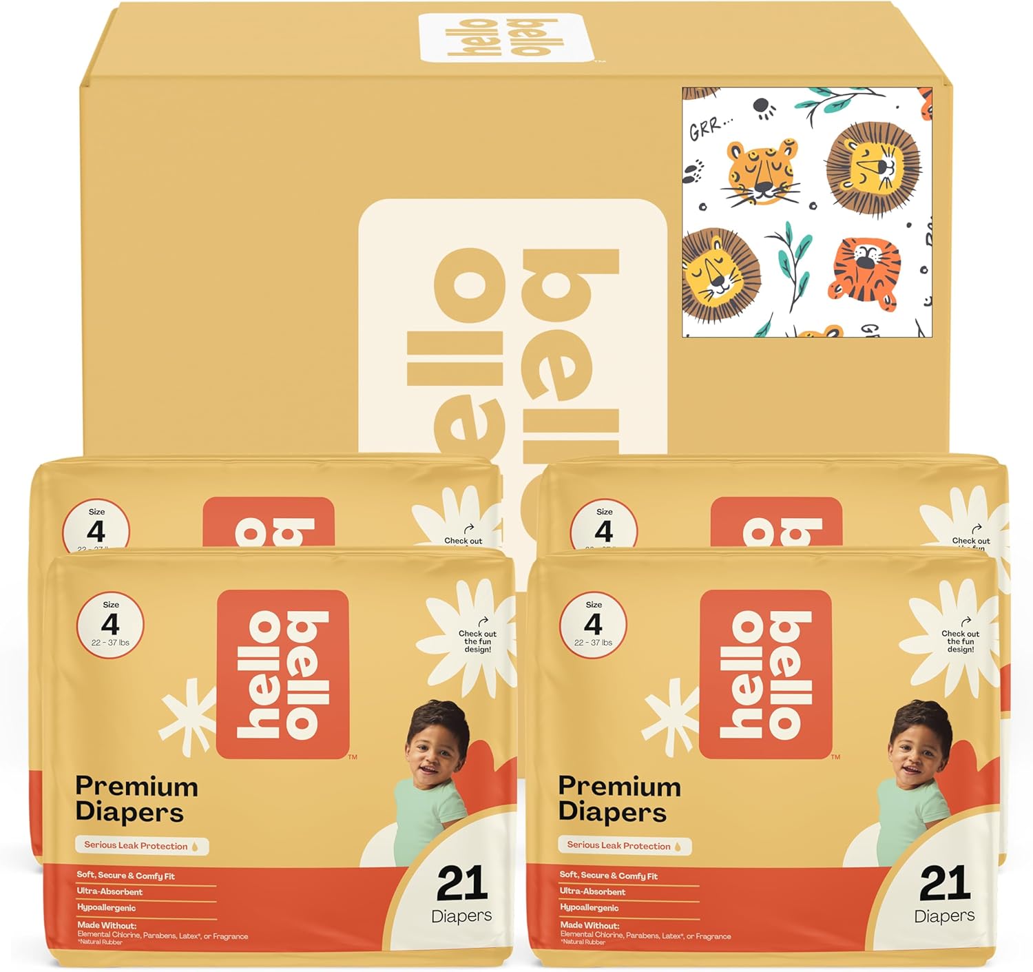 Hello Bello Diapers, Size 4 (22-37 lbs) Wild Cats, 84 Count Value Pack of Premium Disposable Baby