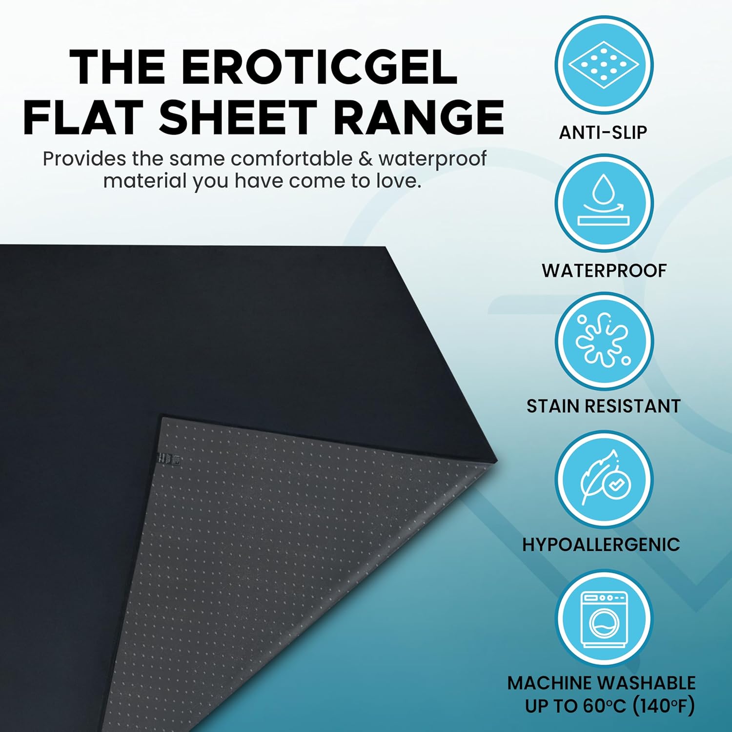 Black Waterproof Flat Drop Sheet (59”x59”), Anti-Slip Mattress Topper with Strengthened Grip
