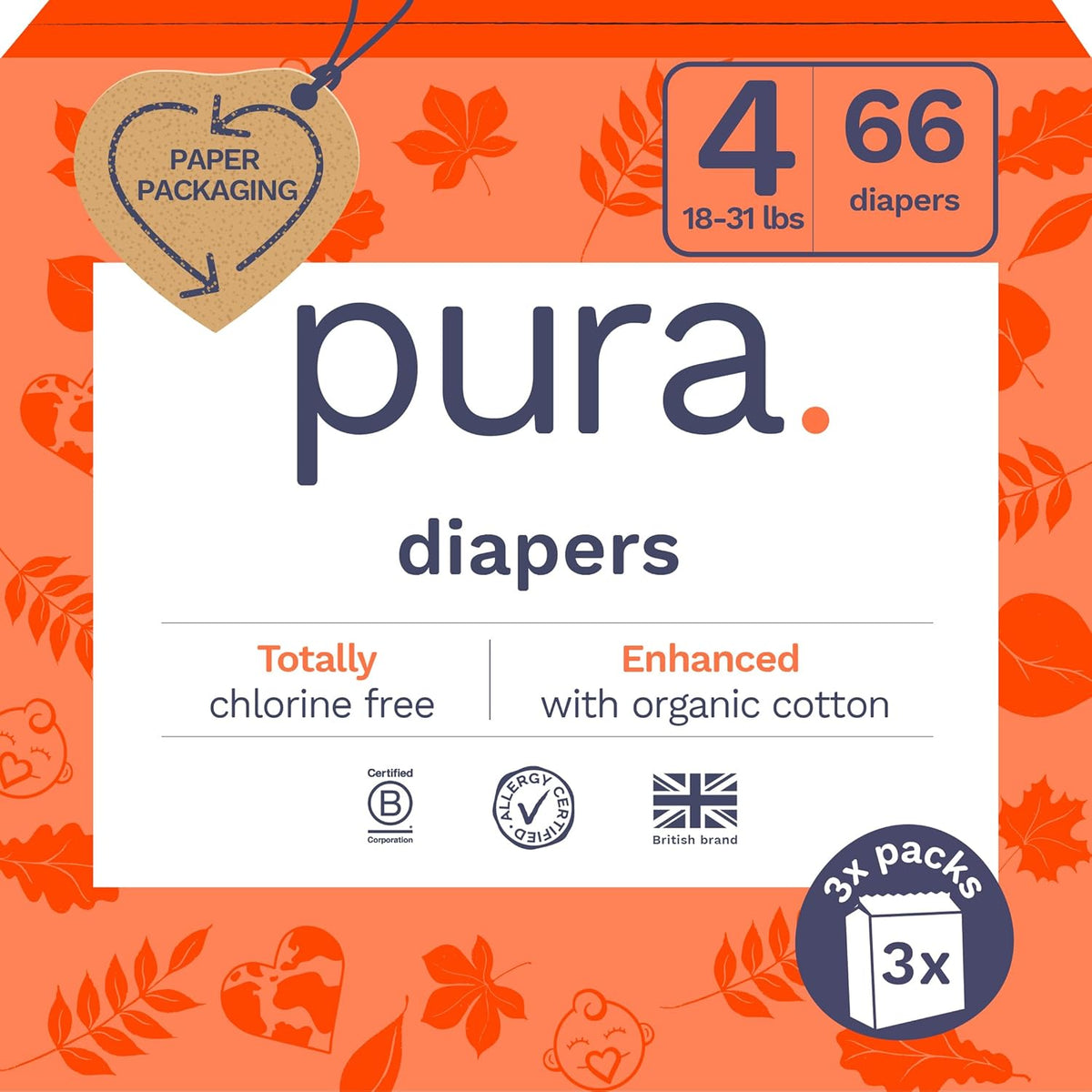 Pura Size 4 Diapers, 66 Count, Unisex, Organic Cotton, Leak-Free, Plant-Based, Dermatologically