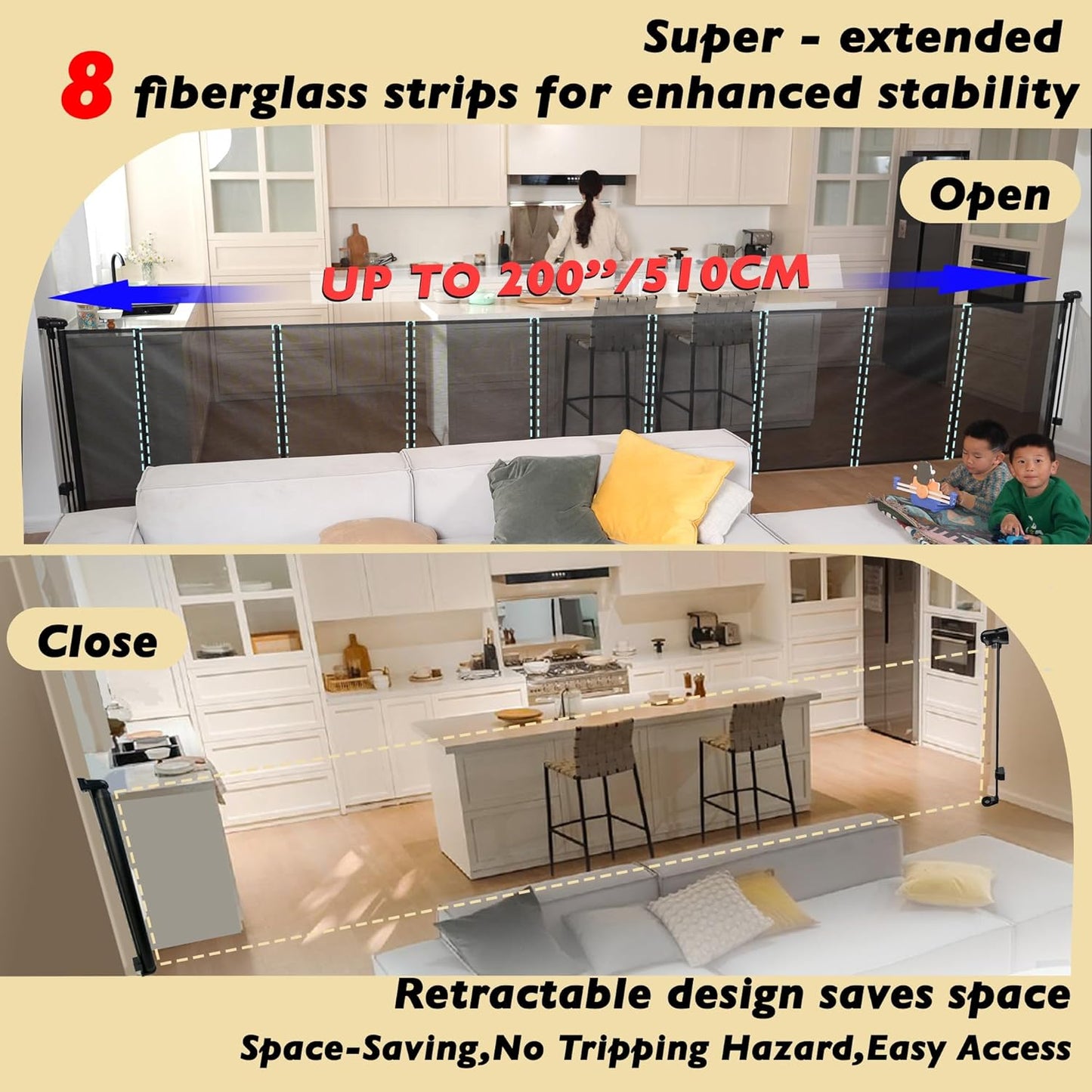 200" Retractable Baby Gates Extra Wide for Large Opening, 41" Extra Tall Retractable Dog Gate Pet