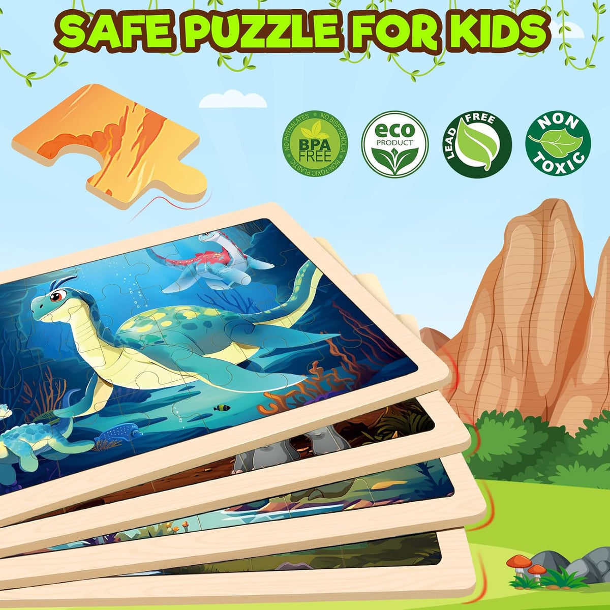 4 Packs Puzzles for Kids Ages 4-6, Wooden Dinosaur Puzzles for Toddlers Ages 2-4, Preschool