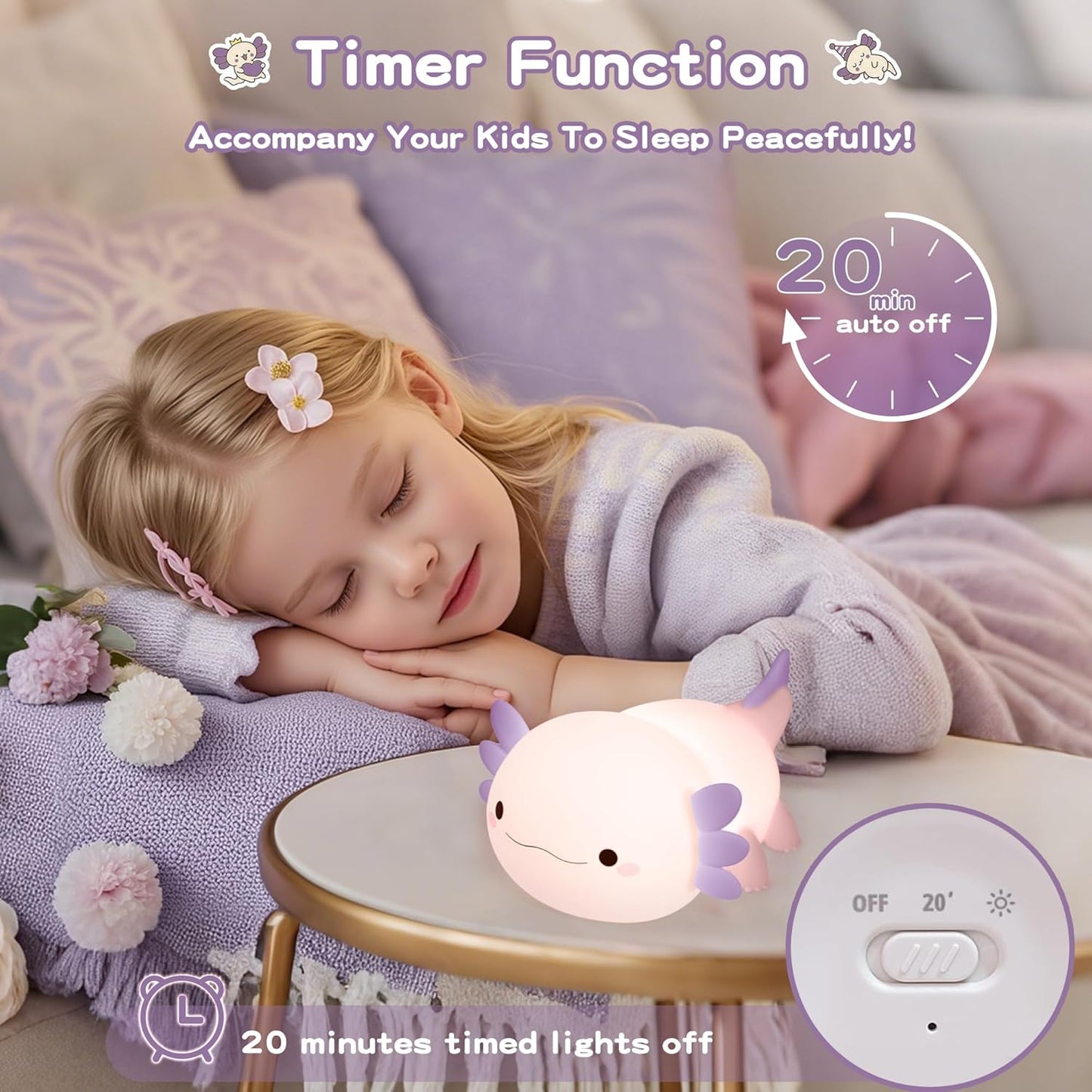 Axolotl Night Light for Kids,Cute Purple Axolotl Lamp,LED Squishy Nursery Nightlight, Food Grade