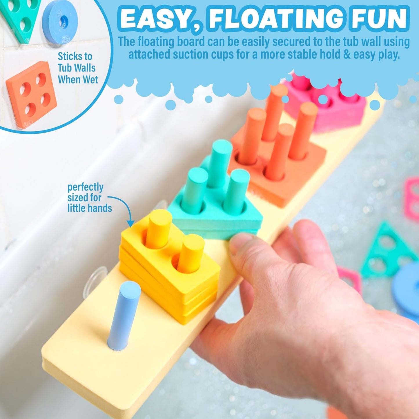 Tub Works® Splash, Stack & Sort™ Shape Sorter & Stacking Toddler Bath Toy | 20 Foam Pieces | Color