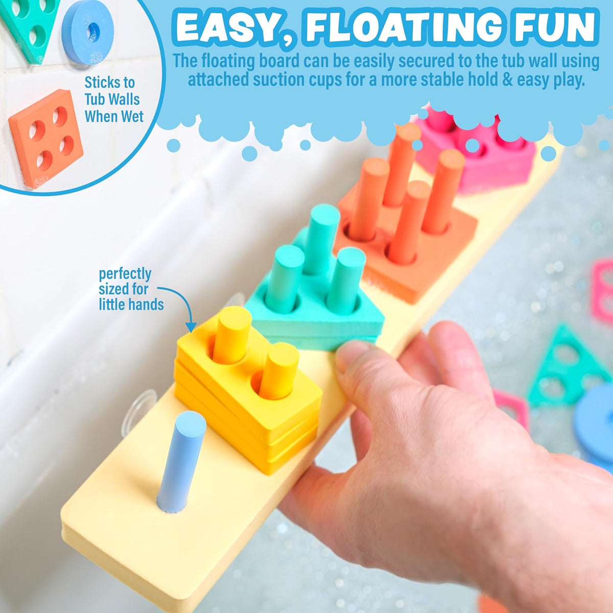 Tub Works® Splash, Stack & Sort™ Shape Sorter & Stacking Toddler Bath Toy | 20 Foam Pieces | Color