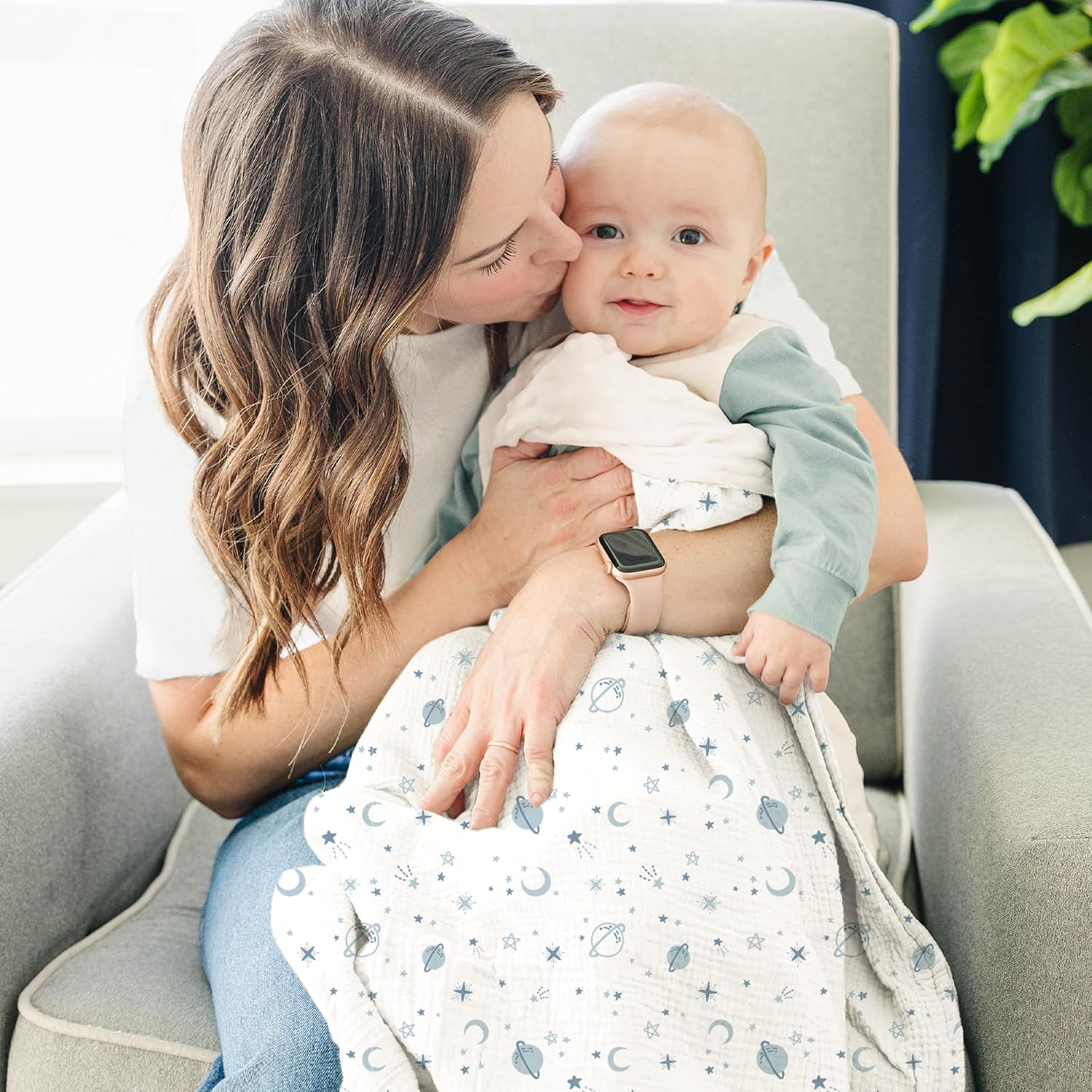 Konssy Baby Blankets for Unisex Boys Girls, Super Soft Nursery Minky Blankets with Muslin Cotton