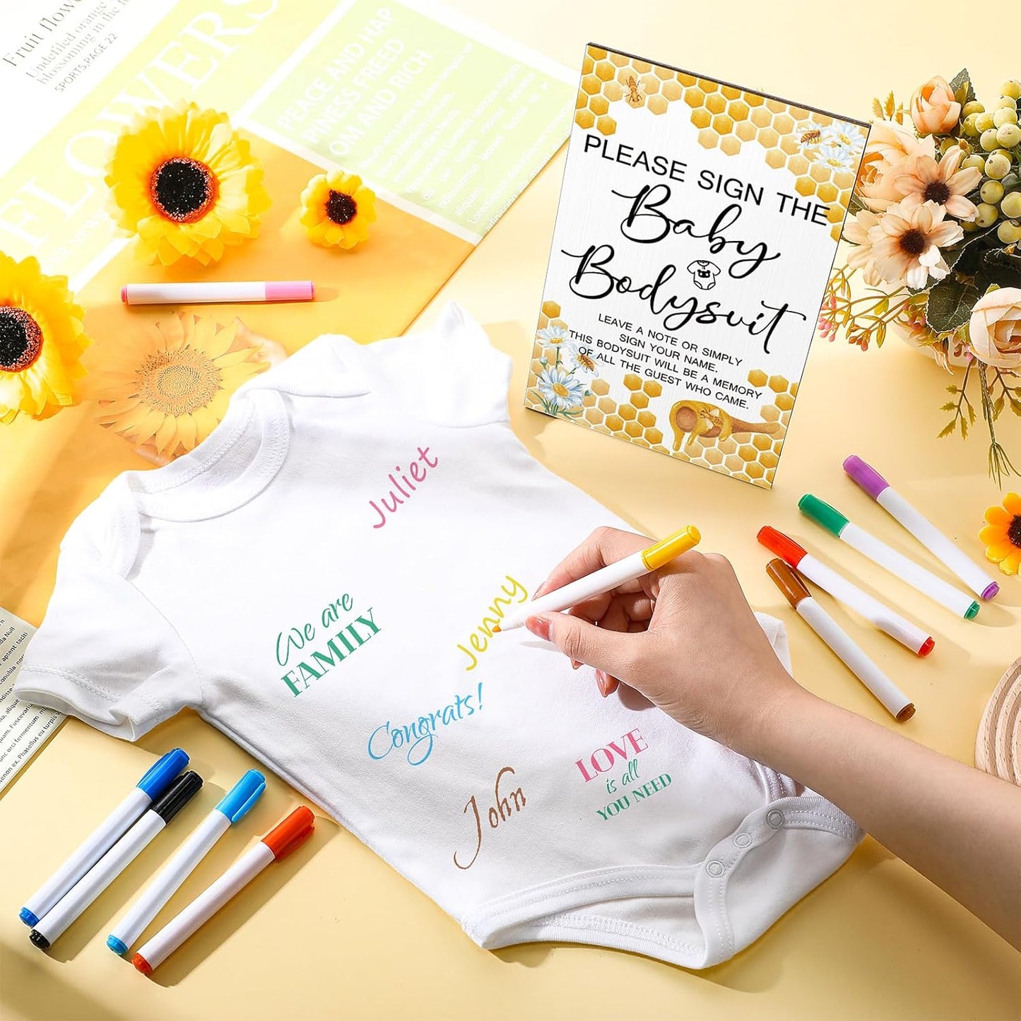 Qunclay 12 Pcs Baby Bodysuit Baby Shower Game Include 1 Game Wooden Sign Tabletop Decor 1 White