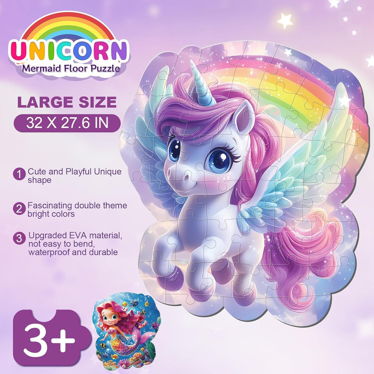 45pcs Unicorn & Mermaid Double-Sided Floor Puzzles, Ages 3-8, 27.6x32 In, Waterproof, EVA Material