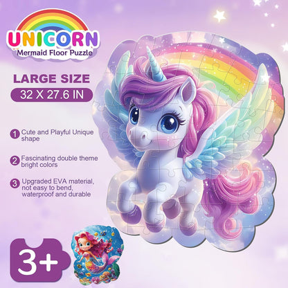 45pcs Unicorn & Mermaid Double-Sided Floor Puzzles, Ages 3-8, 27.6x32 In, Waterproof, EVA Material