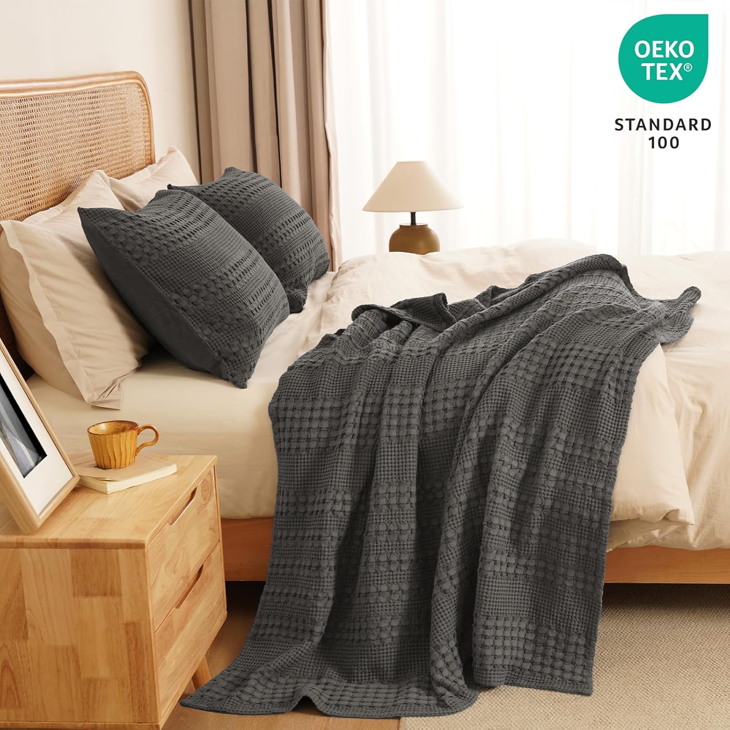 PHF 100% Cotton Waffle Weave Throw Blanket, Soft Lightweight Breathable Cozy Summer Throws for