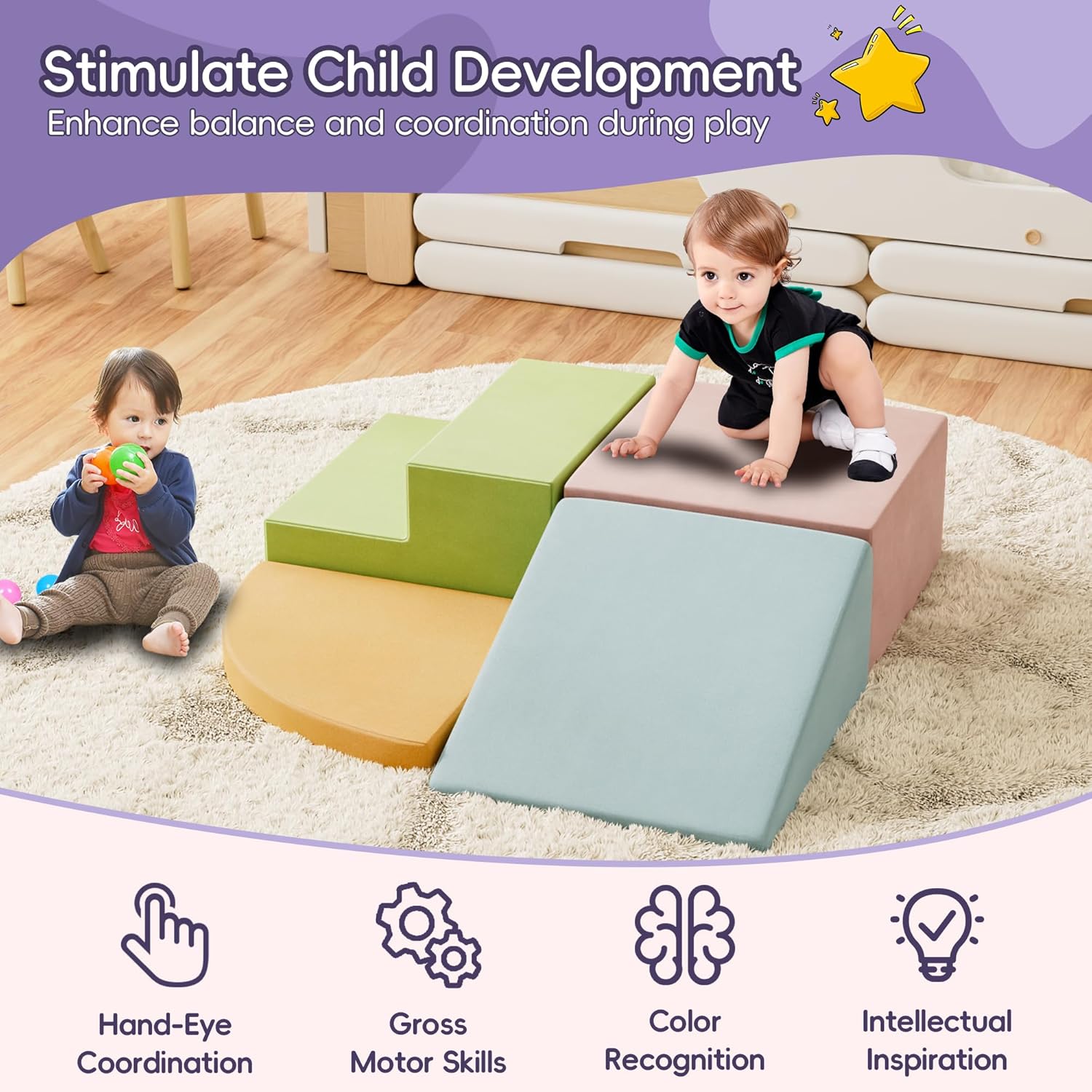 4 Piece Foam Climbing Blocks for Toddlers, Baby Climbing Gym with Ultra High Density Foam for