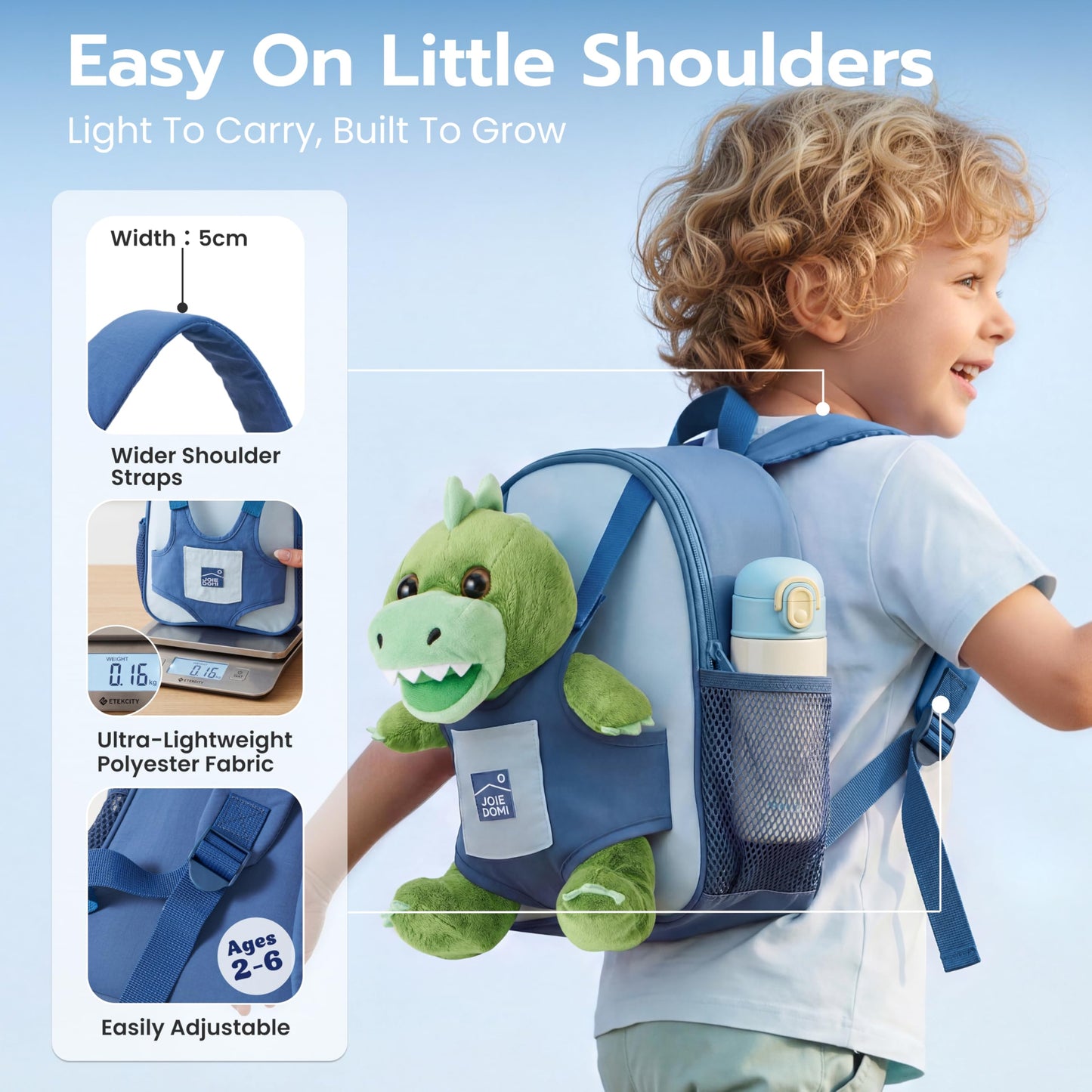 JOIEDOMI Toddler Backpack for Boys 2-4, 11" H Kids Backpack with Detachable Dinosaur Toy for 2 Year