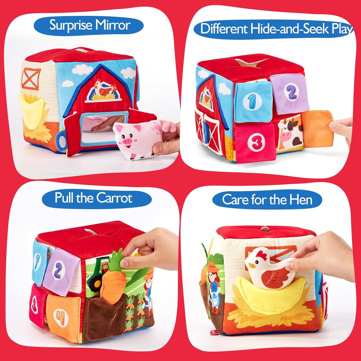 hahaland Baby Seek and Find Sensory Farm Animals Plush - 13 PCS Whats Inside Box with Rattle