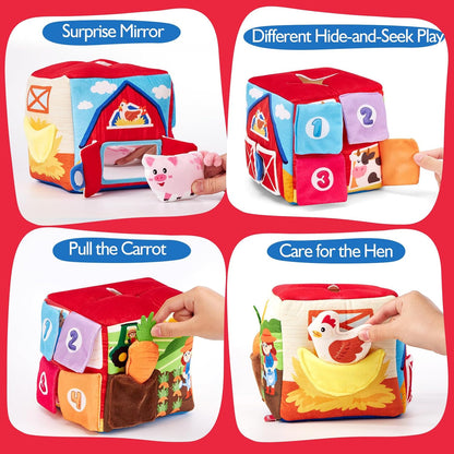 hahaland Baby Seek and Find Sensory Farm Animals Plush - 13 PCS Whats Inside Box with Rattle