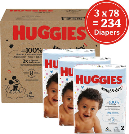 Huggies Size 2 Diapers, Snug & Dry Baby Diapers, Size 2 (12-18 lbs), 234 Count (3 Packs of 78)