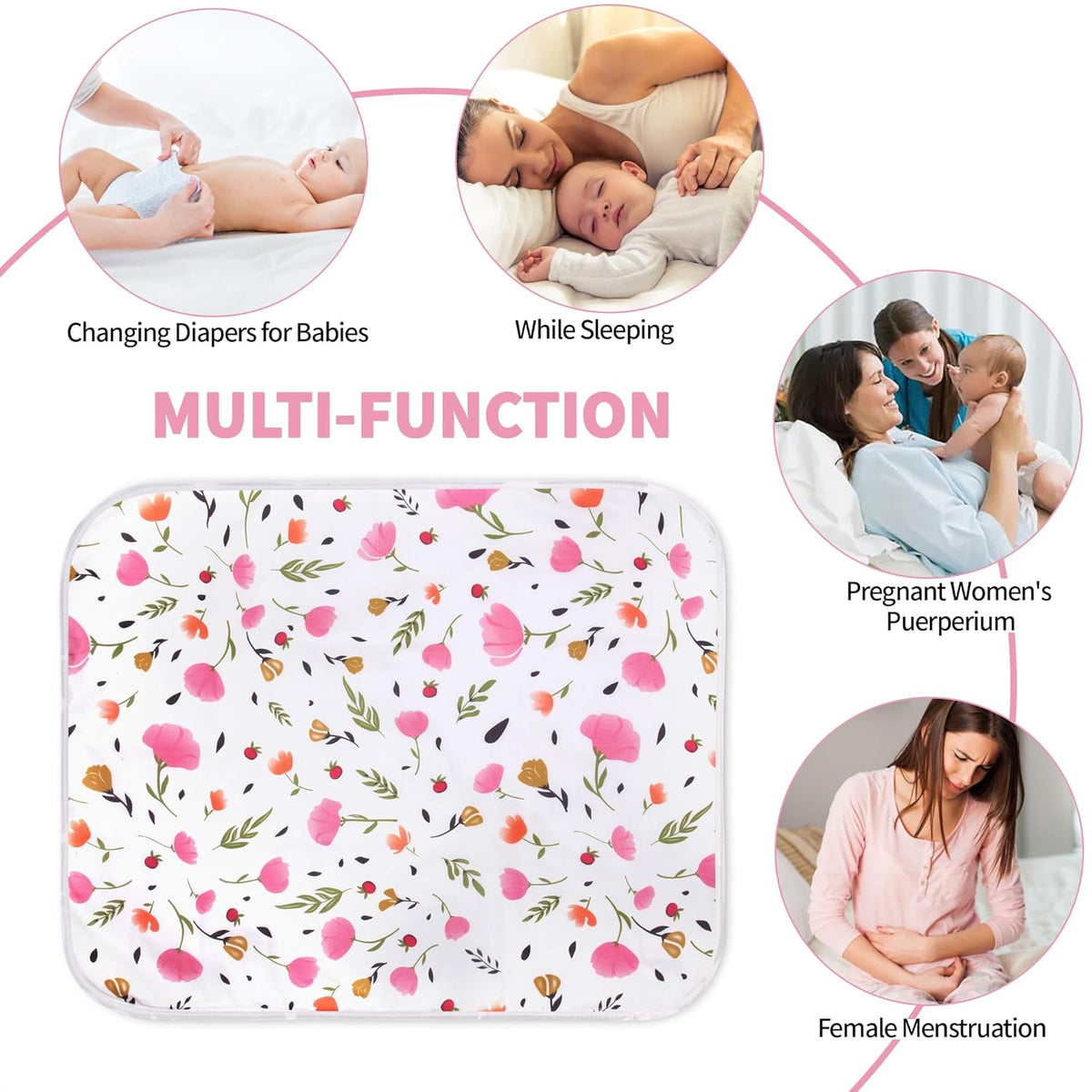 Diaper Changing Pads for Baby, Flower Change Mat, 3Layers Waterproof Change Pad Foldable Absorbent