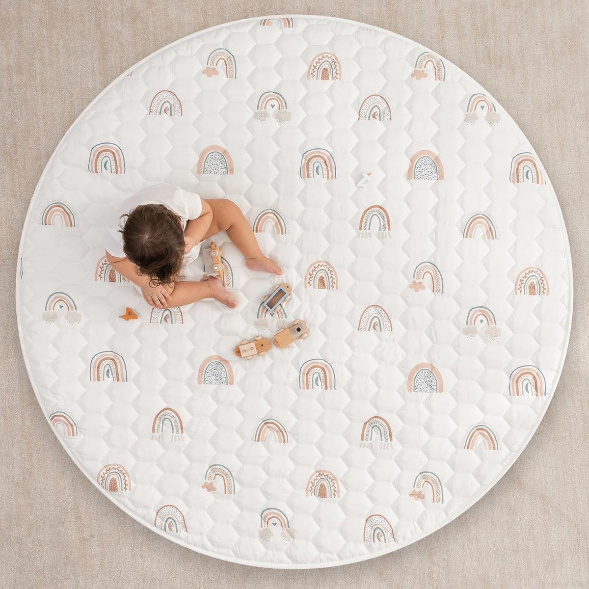 Comfy Cubs Round Kids Play Mat - Large 60 inches Soft Quilted Baby Floor Mat with Non-Slip Bottom