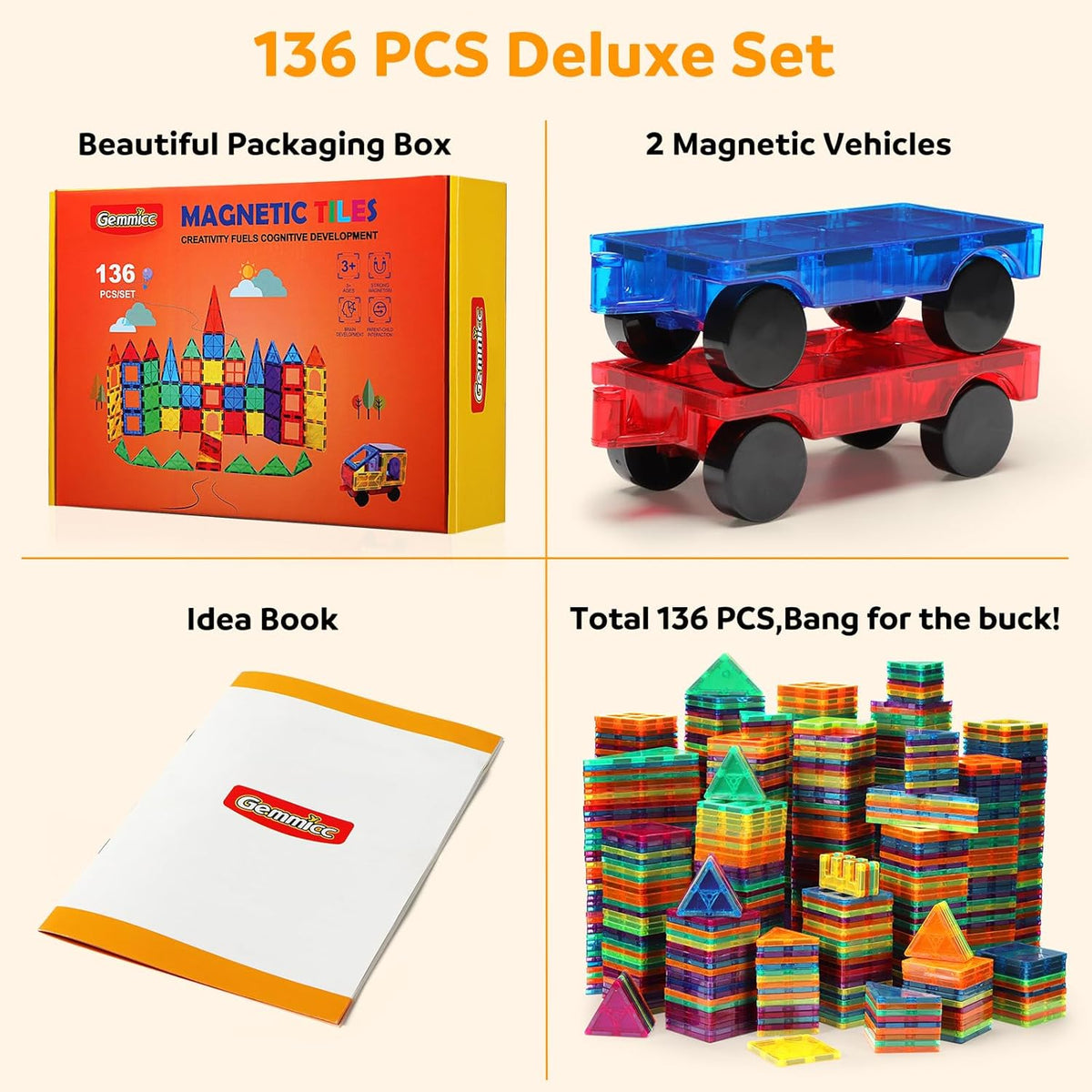 Gemmicc Magnetic Tiles, Deluxe 136 PCS Building Blocks Magnet Toys for Kids,3D Magnet Puzzles