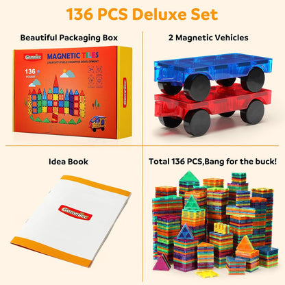 Gemmicc Magnetic Tiles, Deluxe 136 PCS Building Blocks Magnet Toys for Kids,3D Magnet Puzzles