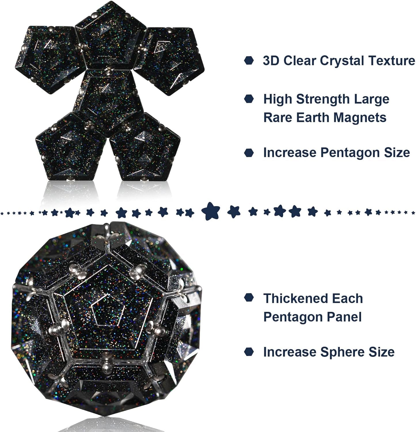 Magnetic Fidget Sphere Magnets Balls - Crystal Black Holographic Glitter - Magnet Fidgets Toy - 12