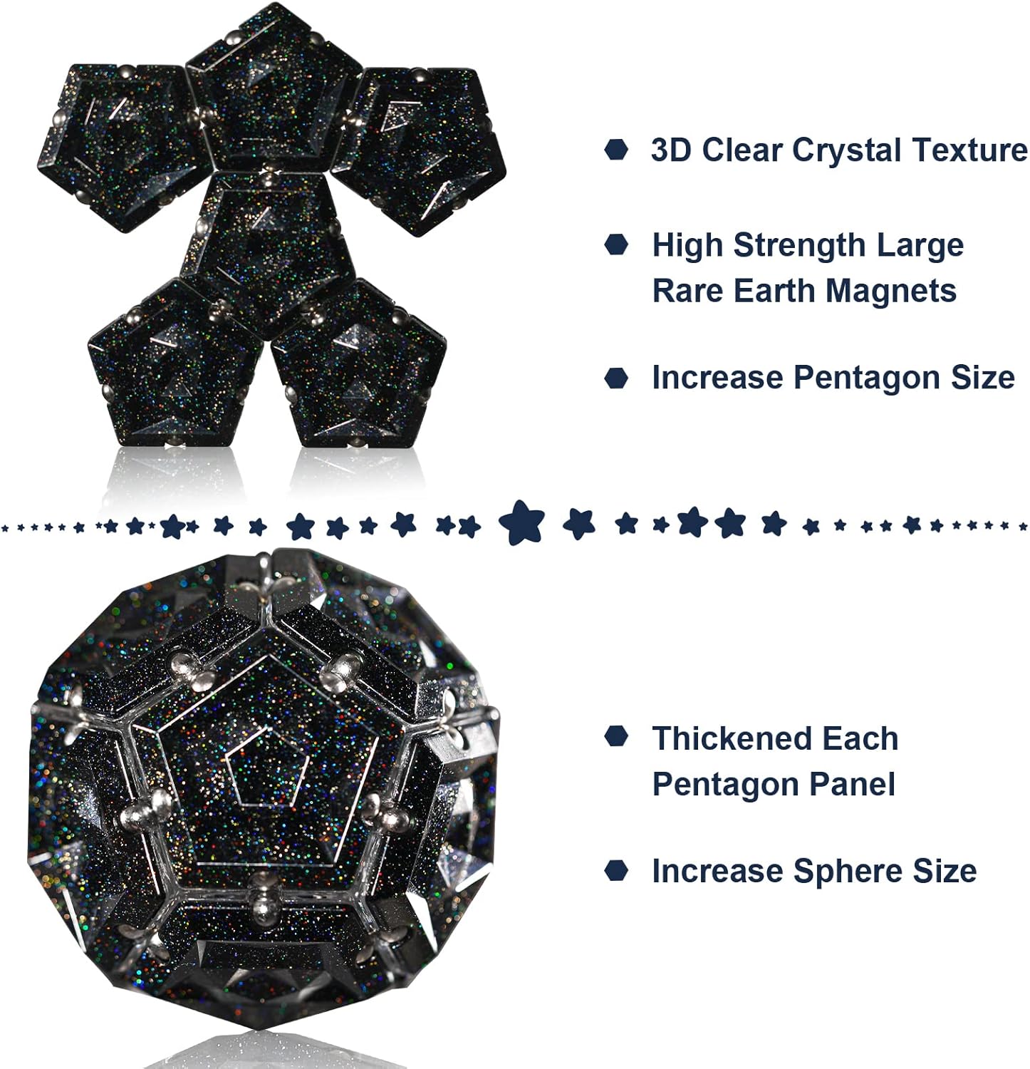 Magnetic Fidget Sphere Magnets Balls - Crystal Black Holographic Glitter - Magnet Fidgets Toy - 12