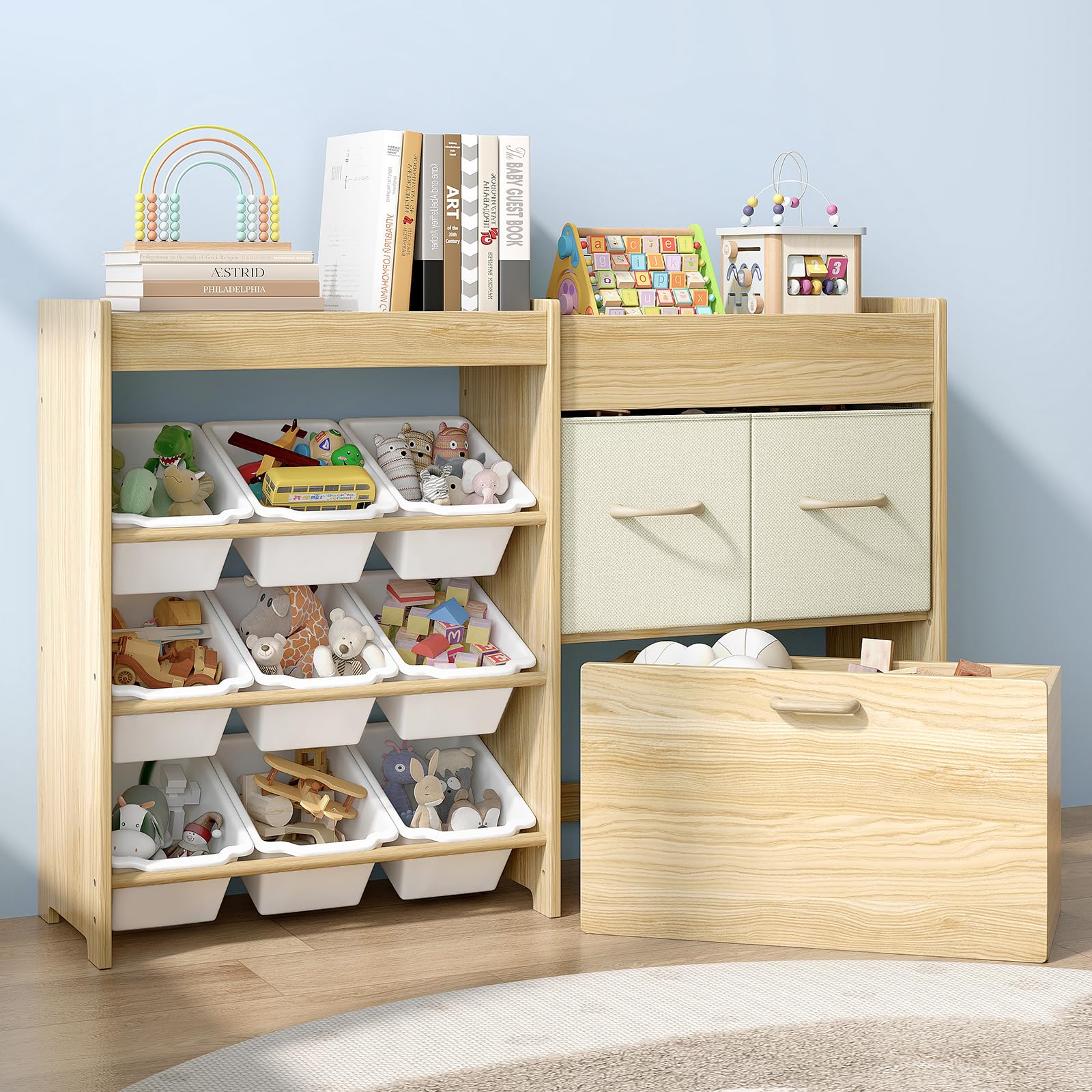 EXPERLAM Toy Storage Organizer for Kids, 9-Bin Toy Organizer with 2-Drawers, Movable Toy Chest and