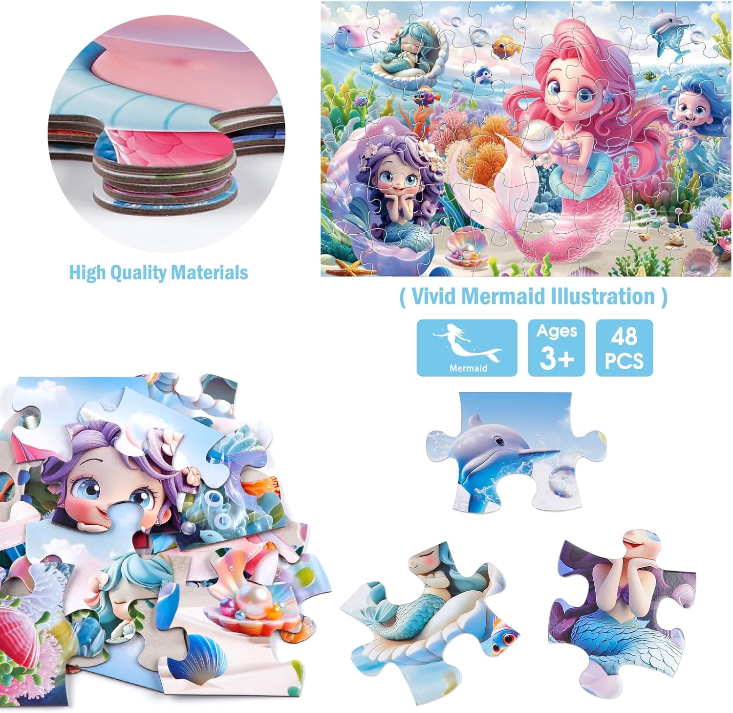 Jumbo Floor Puzzle for Toddlers & Kids Ages 3-5, 48-Piece Mermaid and Underwater Large Jigsaw