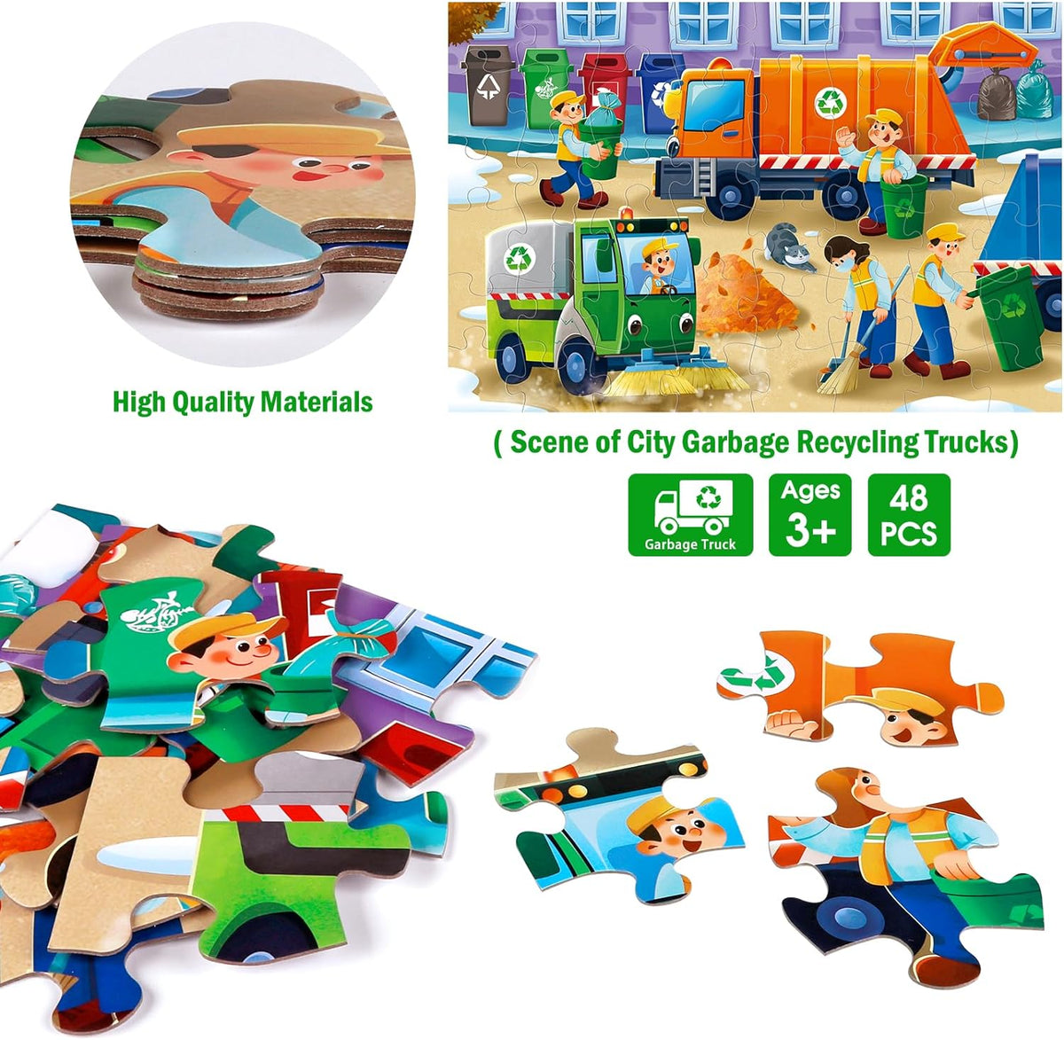 Jumbo Floor Puzzle for Kids,Recycling Garbage Truck Jigsaw Large Puzzles,48 Piece Trash Truck