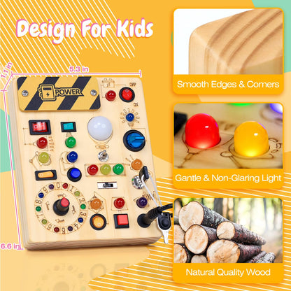Busy Board with LED Light Switches, Montessori Toys for 1 2 3 Years Old, Toddlers Wooden Toy
