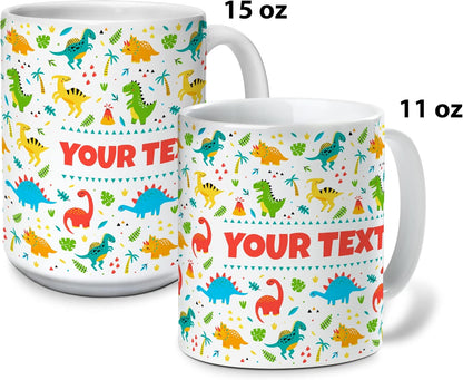 Personalized Mug for Kids - Dinosaurs - Custom Name/Text, Ceramic Hot Chocolate/Cocoa/Coffee Cup