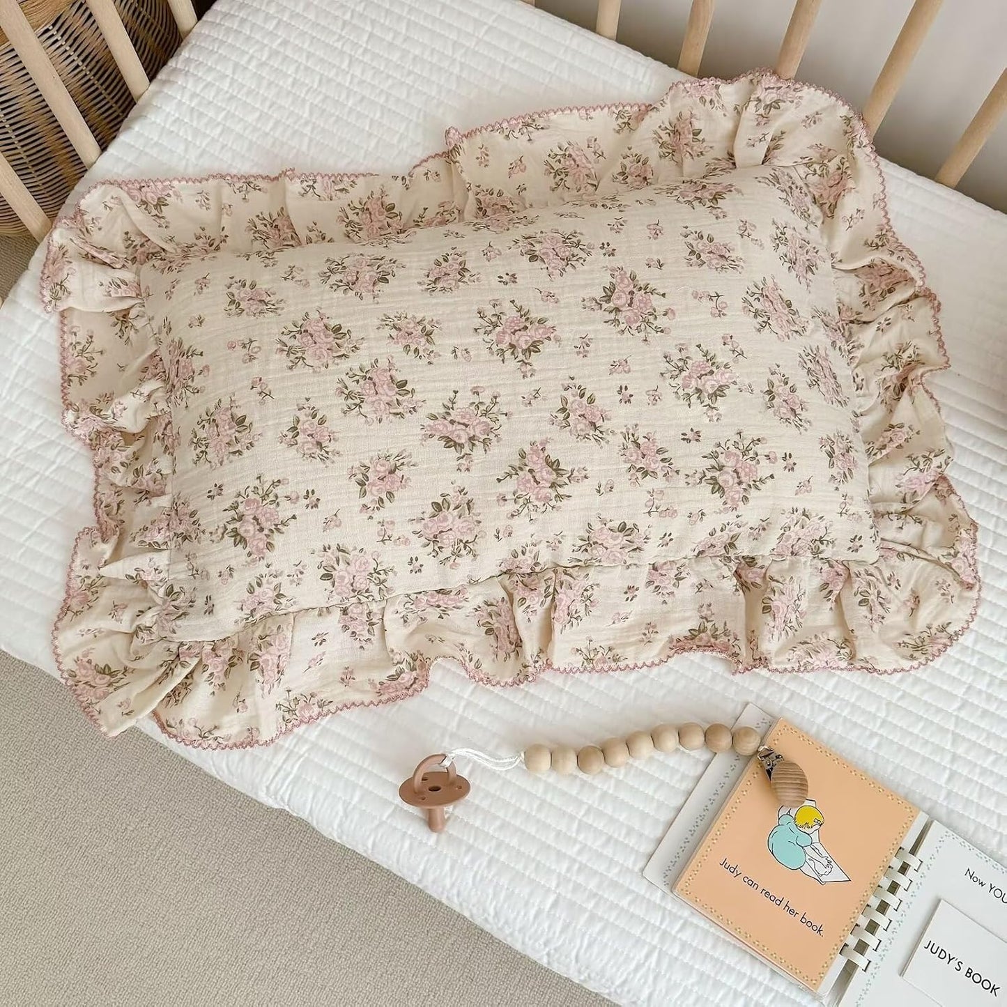 BuLuTu Cotton Muslin King Pillow Case, Chic Shabby Pink Floral Print Pillowcase for Teens Adults