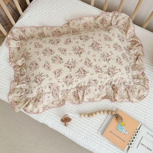 BuLuTu Cotton Muslin King Pillow Case, Chic Shabby Pink Floral Print Pillowcase for Teens Adults