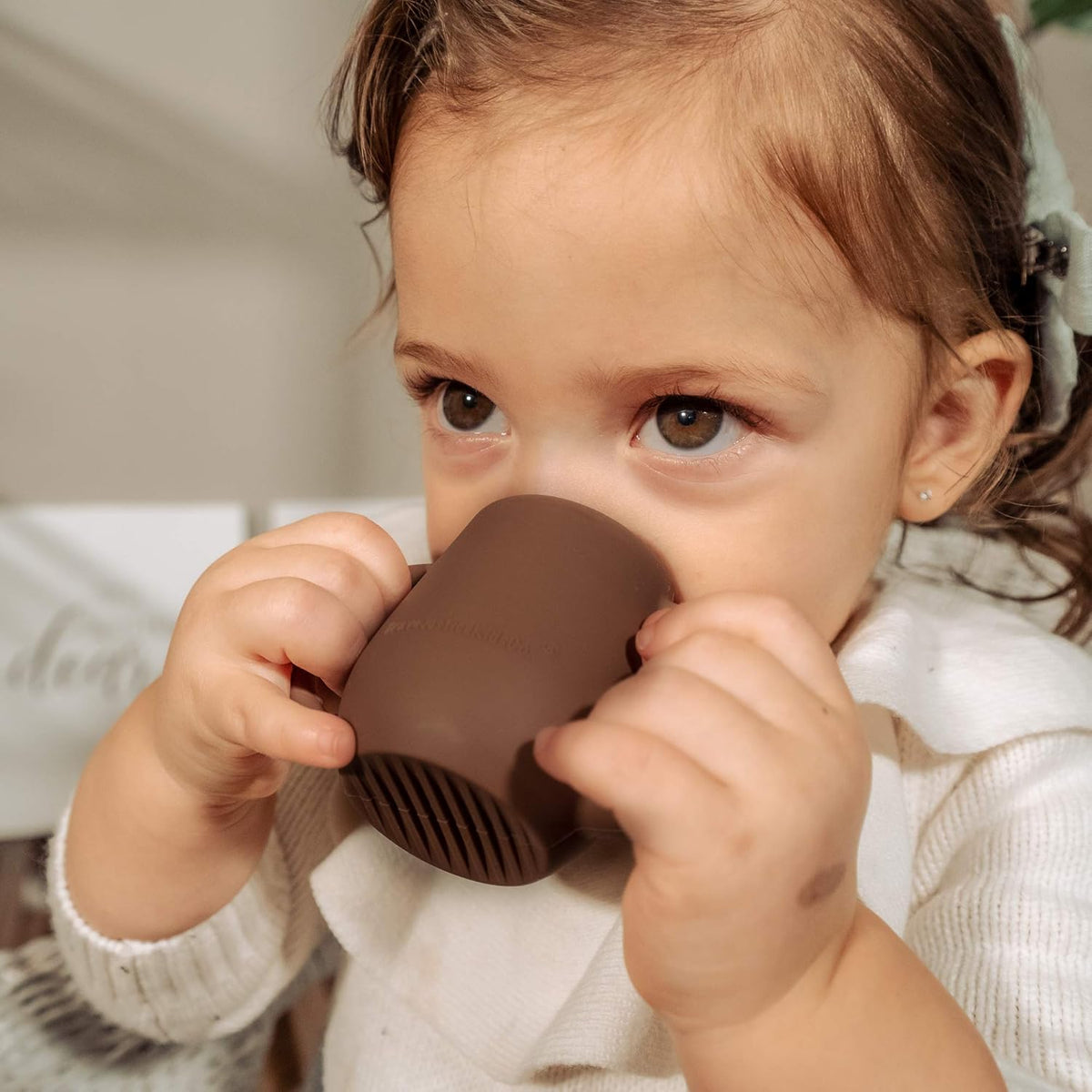 | Teenie Tiny™ Silicone Developmental Baby-Led Weaning Drinking Cups (2 pack) (Warm Taupe and Blue