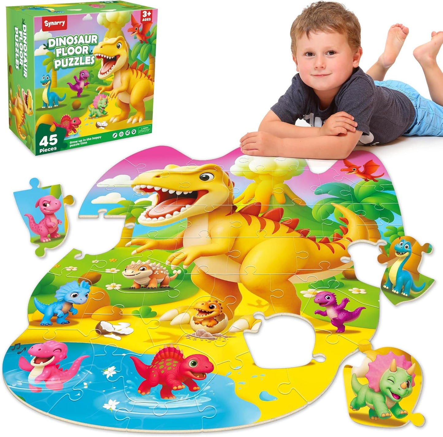 SYNARRY Dinosaur Floor Puzzles for Kids Ages 4-6, Large 45 Piece Floor Puzzles for Kids Ages 3-5