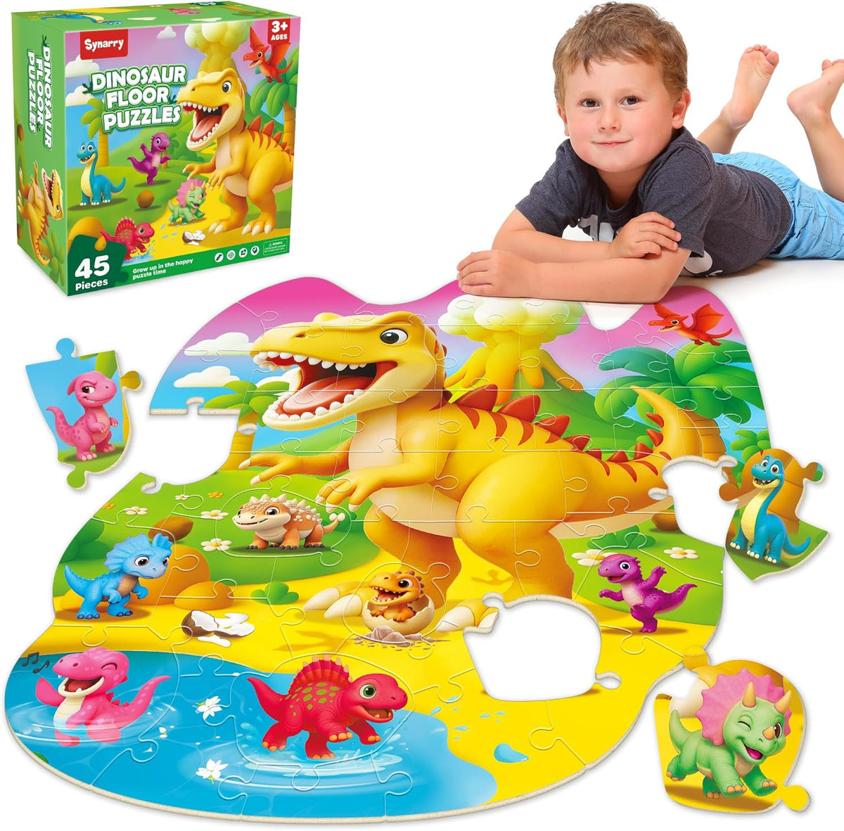 SYNARRY Dinosaur Floor Puzzles for Kids Ages 4-6, Large 45 Piece Floor Puzzles for Kids Ages 3-5