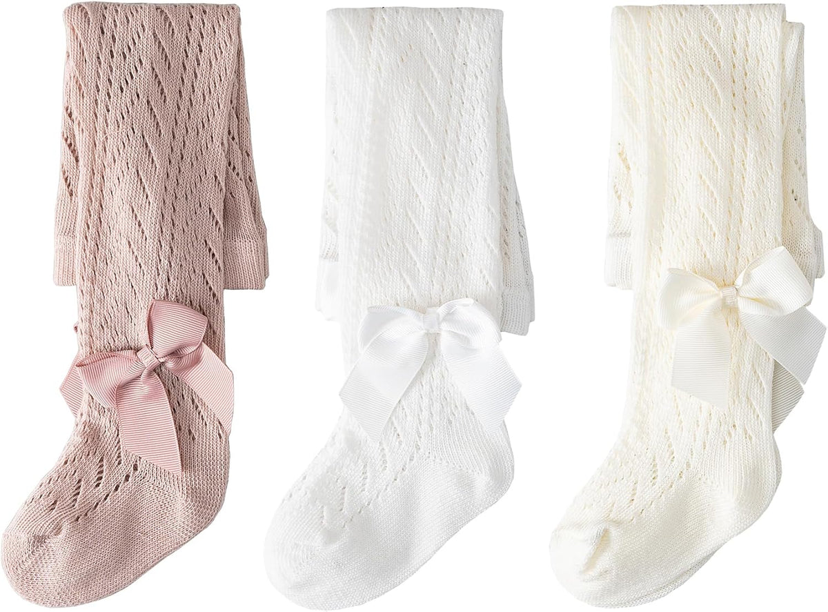 CHUNG Baby Girls Cotton Tights Thin Hollowed Summer with Bowknot Mesh Lace Fashion Toddler Footed