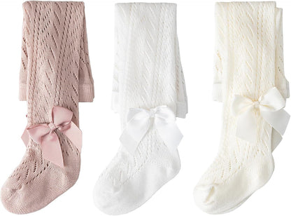 CHUNG Baby Girls Cotton Tights Thin Hollowed Summer with Bowknot Mesh Lace Fashion Toddler Footed
