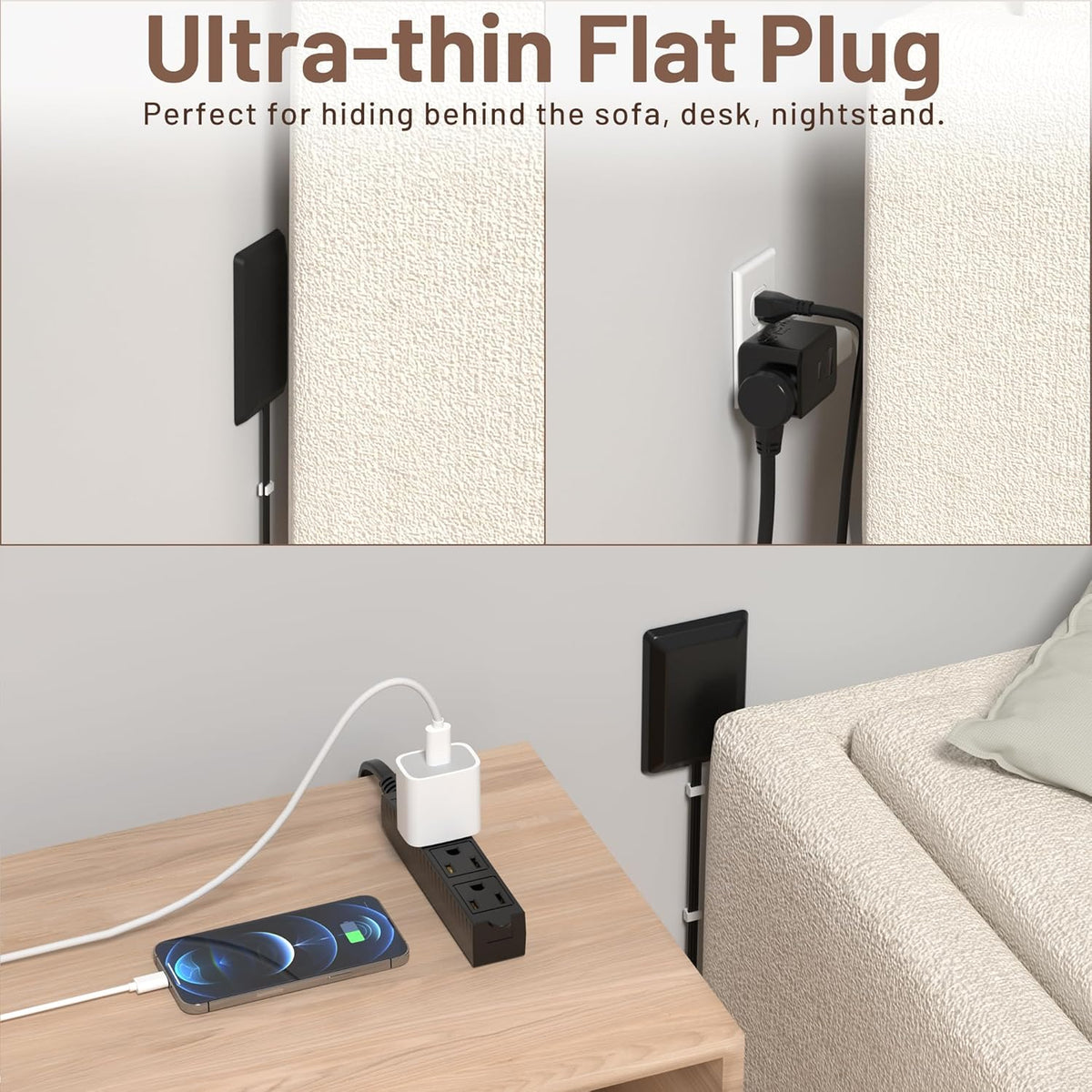 8FT Flat Plug Extension Cord with Cord Concealer Kit,3 Outlet Power Strip,Wall Extension Cord with