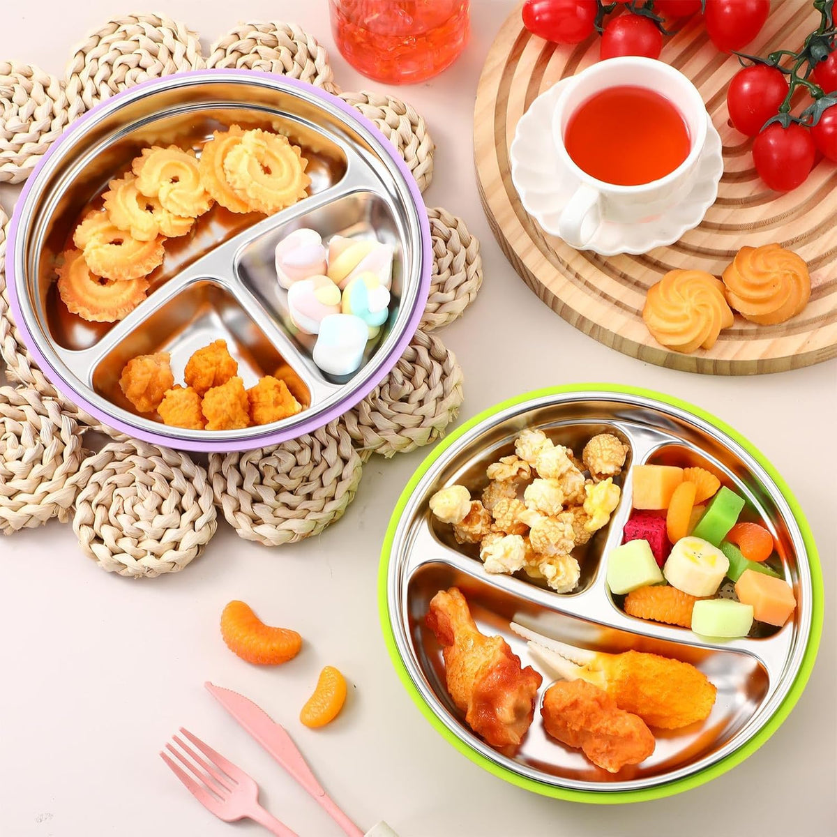 Nuogo 2 Pcs Stainless Steel Baby Suction Plates with Removable Silicone Shell 2-in-1 Metal Toddler