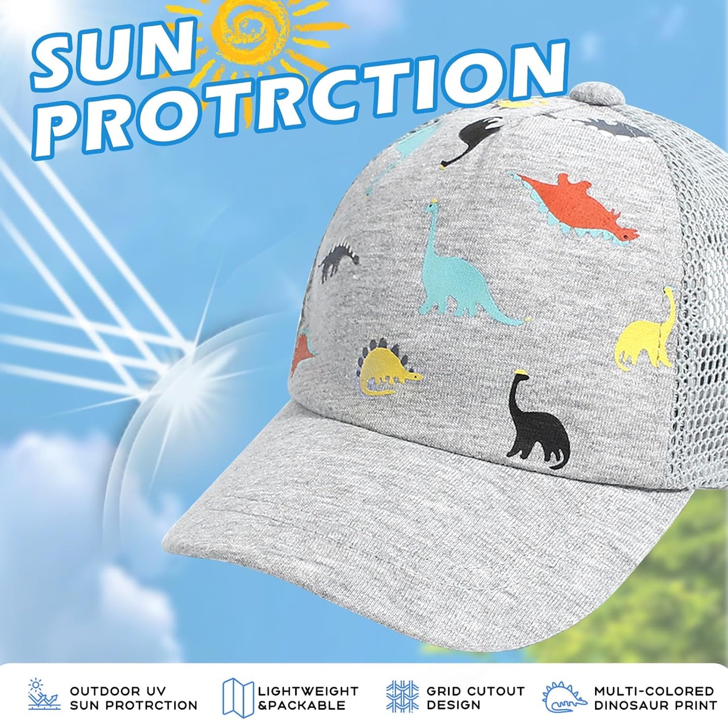 Duoyeree Toddler Baseball Cap Baby Cap Sun hat Print Dinosaur Pattern and Solid Color hat Kids boy