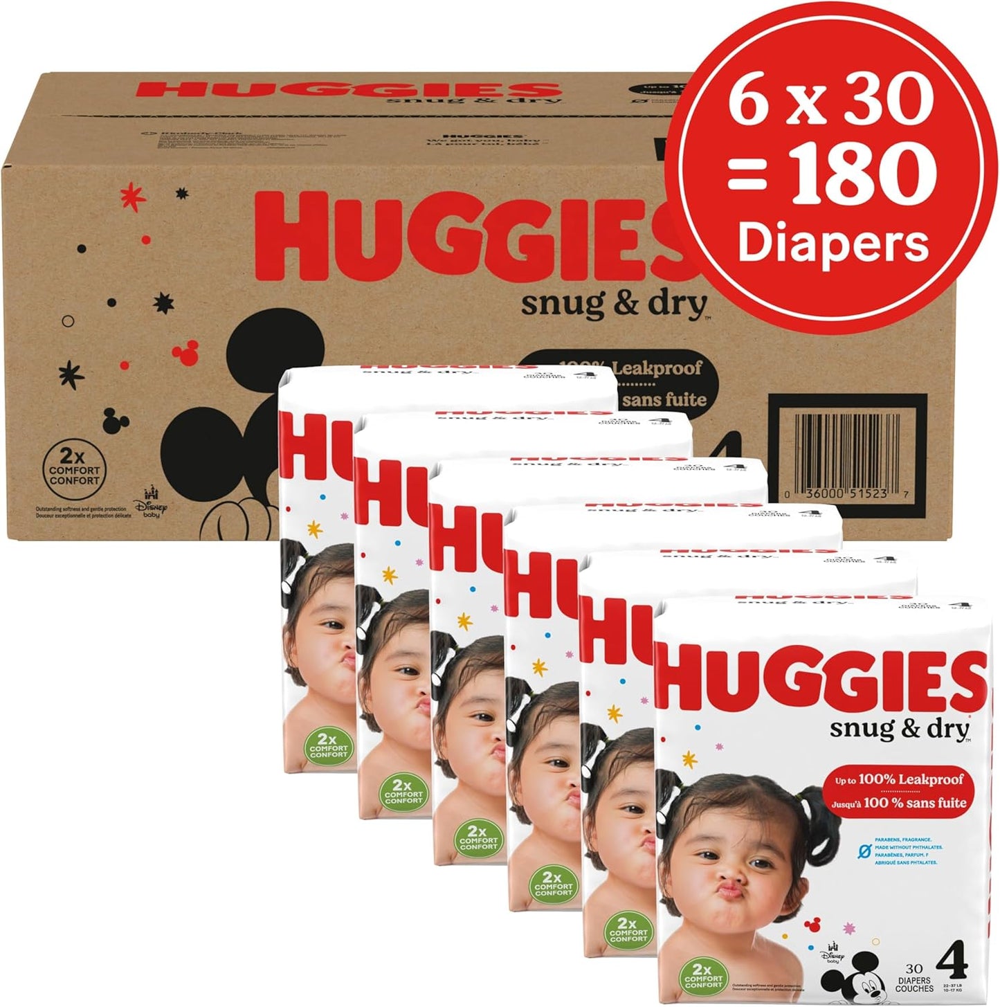 Huggies Size 4 Diapers, Snug & Dry Baby Diapers, Size 4 (22-37 lbs), 180 Count (6 Packs of 30)