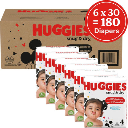 Huggies Size 4 Diapers, Snug & Dry Baby Diapers, Size 4 (22-37 lbs), 180 Count (6 Packs of 30)