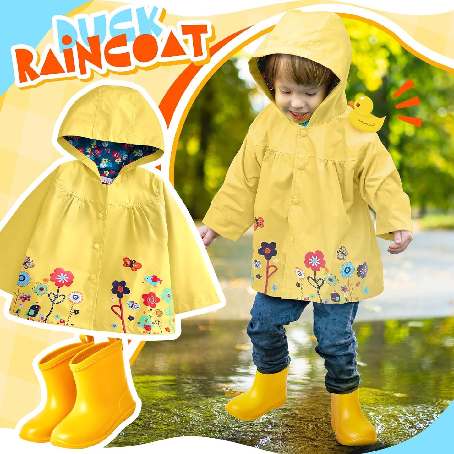 2 Pcs Toddler Raincoat Rain Boots Set Kids Baby Cartoon Hoodie Zipper Jacket Short Rain Shoes for