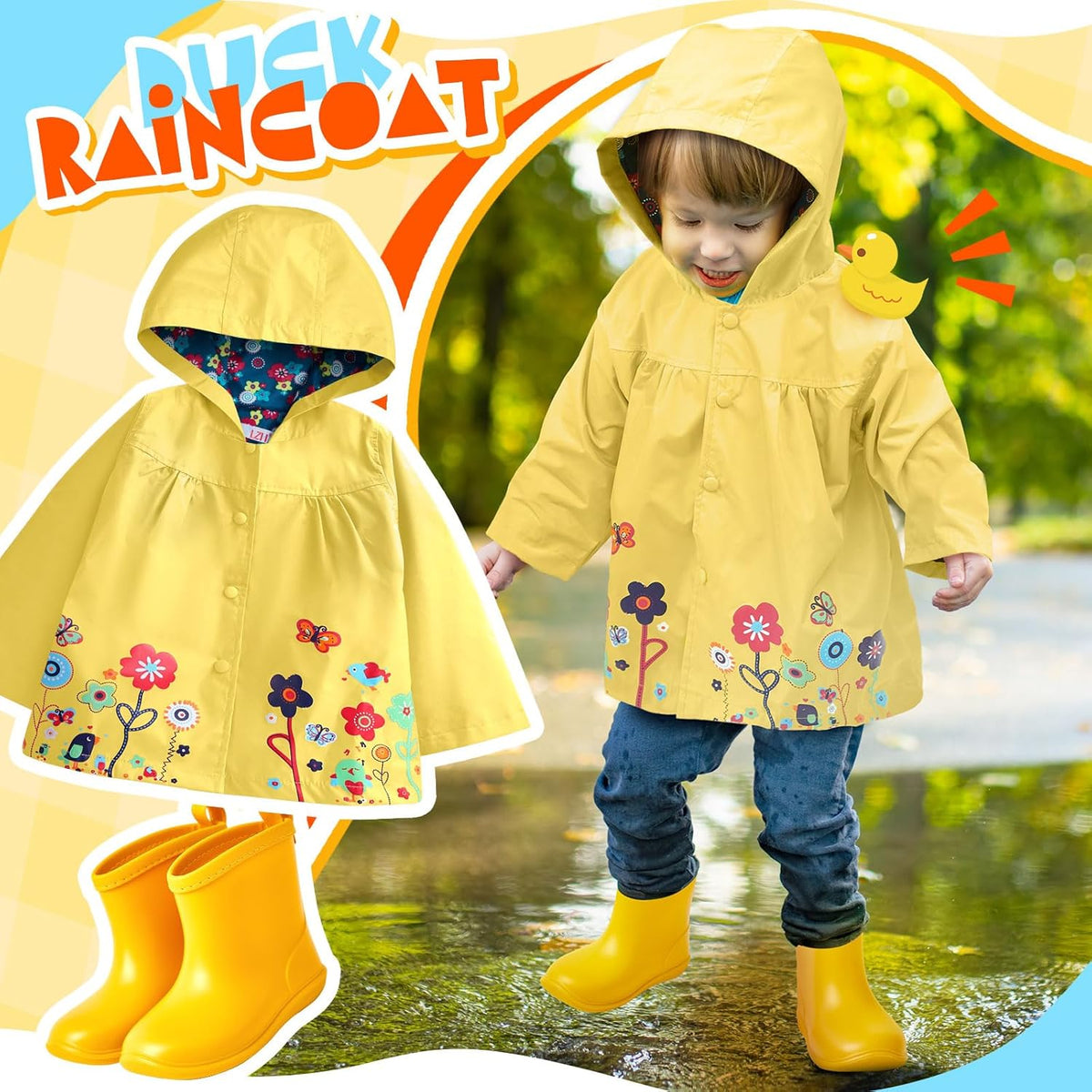 2 Pcs Toddler Raincoat Rain Boots Set Kids Baby Cartoon Hoodie Zipper Jacket Short Rain Shoes for
