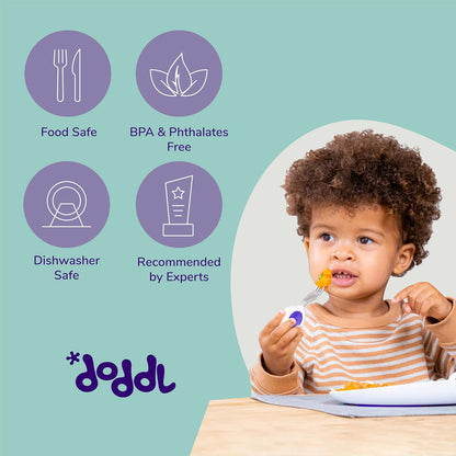 doddl Toddler Utensils, Ergonomic Fork and Spoon Set for Self Feeding, Stainless Steel Silverware