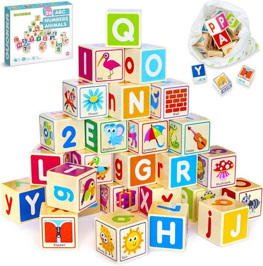 QUOKKA Wooden Blocks for Toddlers 1-3 - 26 ABC Learning Baby Blocks for Kids 3-5 Year Olds Stacking