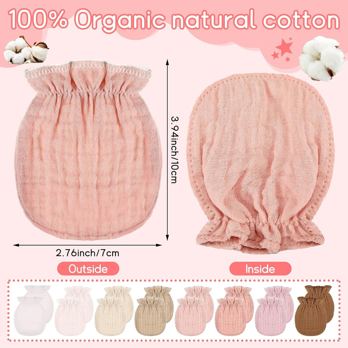 8 Pairs Newborn Baby Muslin Mittens 0-6 Months No Scratch Elastic Wrist Soft Breathable Gloves Bulk